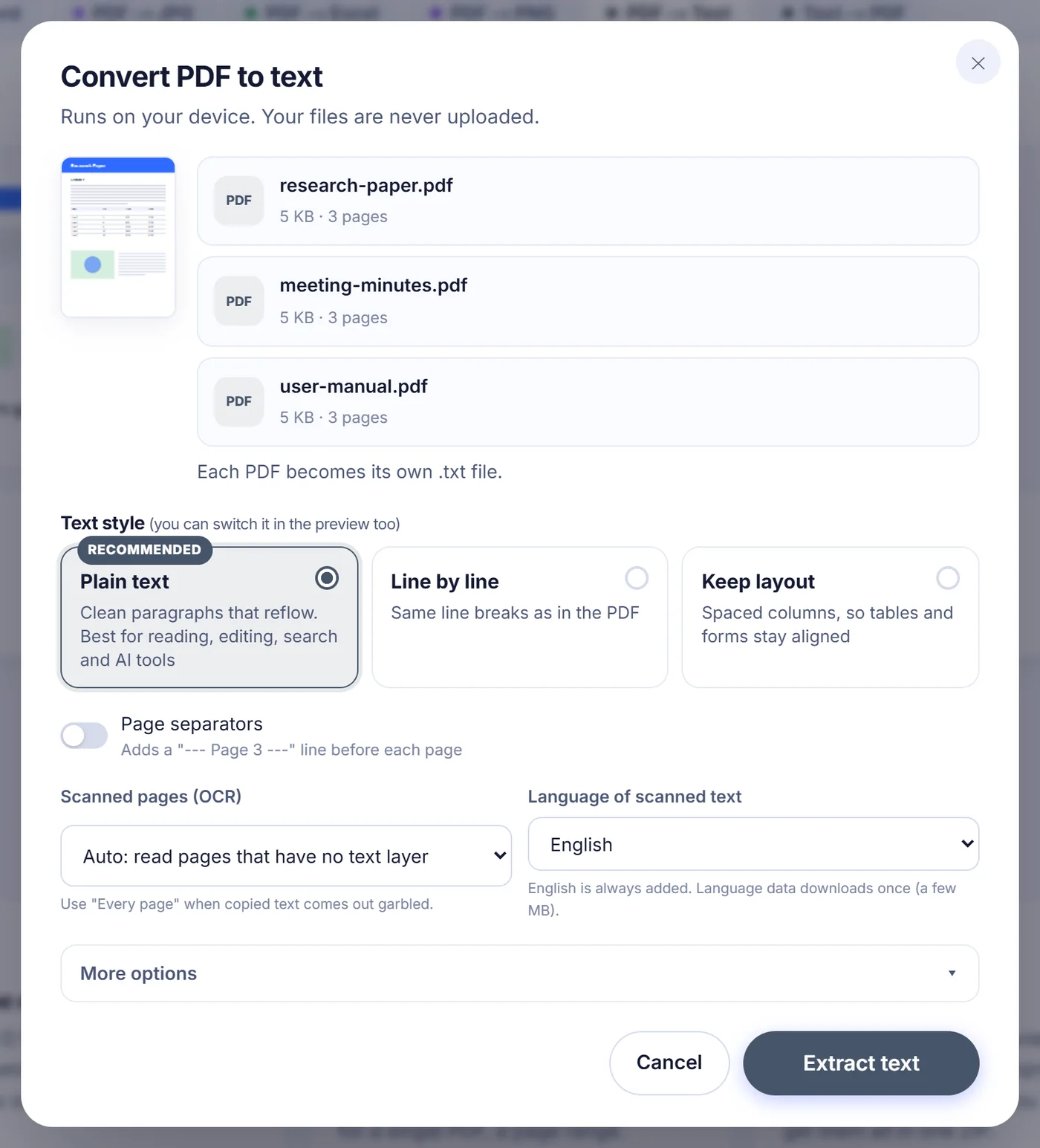 Convert PDF to text window listing three 3-page files, Plain text marked Recommended, Line by line, Keep layout, Page separators and OCR set to Auto